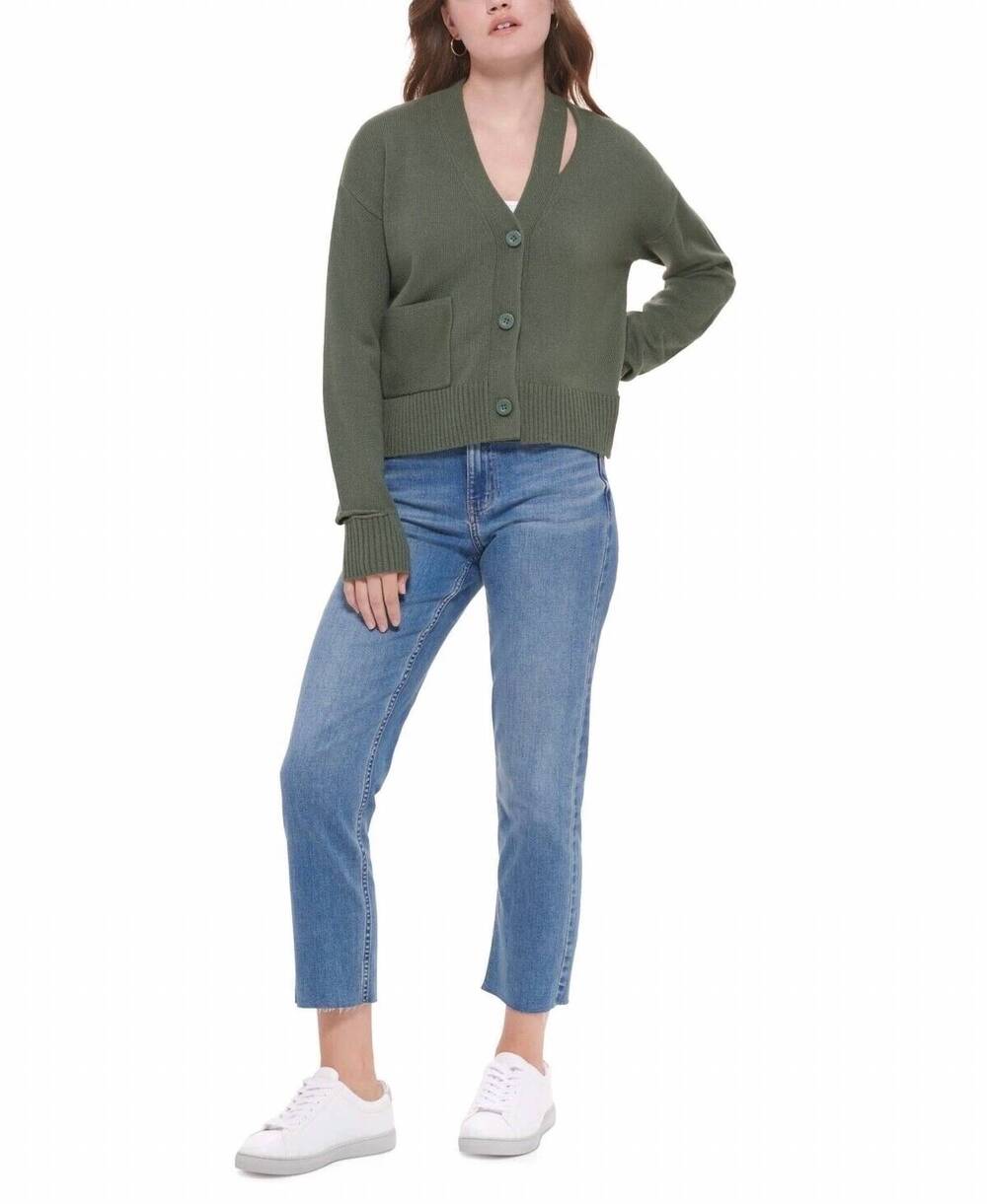 NEW CALVIN KLEIN cutout v neck cardigan in green